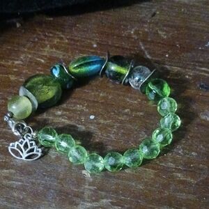 Handmade Green Beaded Bracelet with Lotus Charm